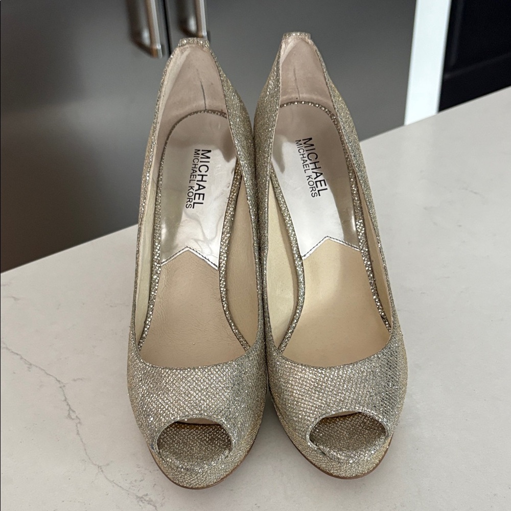 Michael Kors Shimmering Silver Peep Toe Platform Heels 9 1/2